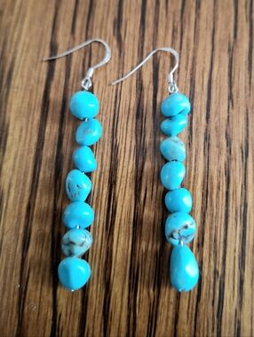 Earrings Turquoise Nuggets Beaded Dangling Matchstick Sterling Silver